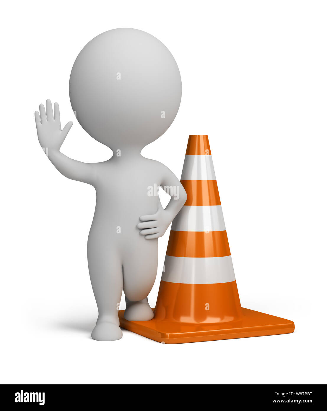 3d piccola persona in piedi in posizione di avvertimento accanto al cono del traffico. Immagine 3d. Isolato sullo sfondo bianco. Foto Stock