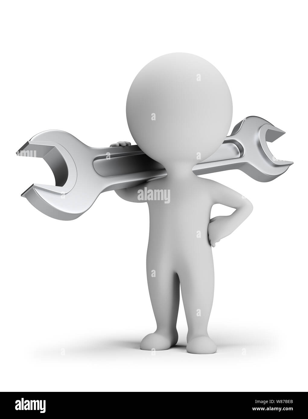 3d piccola persona in piedi con una chiave sulla sua spalla. Immagine 3d. Sfondo bianco. Foto Stock