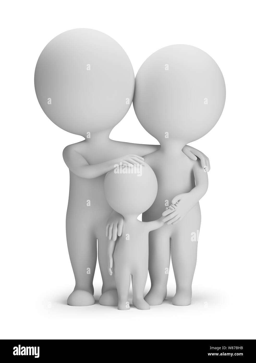 3d piccola persona - famiglia giovane con un bambino. Immagine 3d. Sfondo bianco. Foto Stock