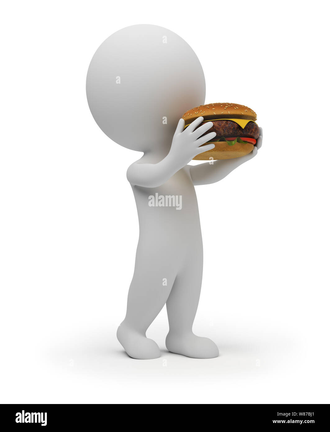 3d piccola gente mangia i grandi hamburger. Immagine 3d. Isolato sullo sfondo bianco. Foto Stock