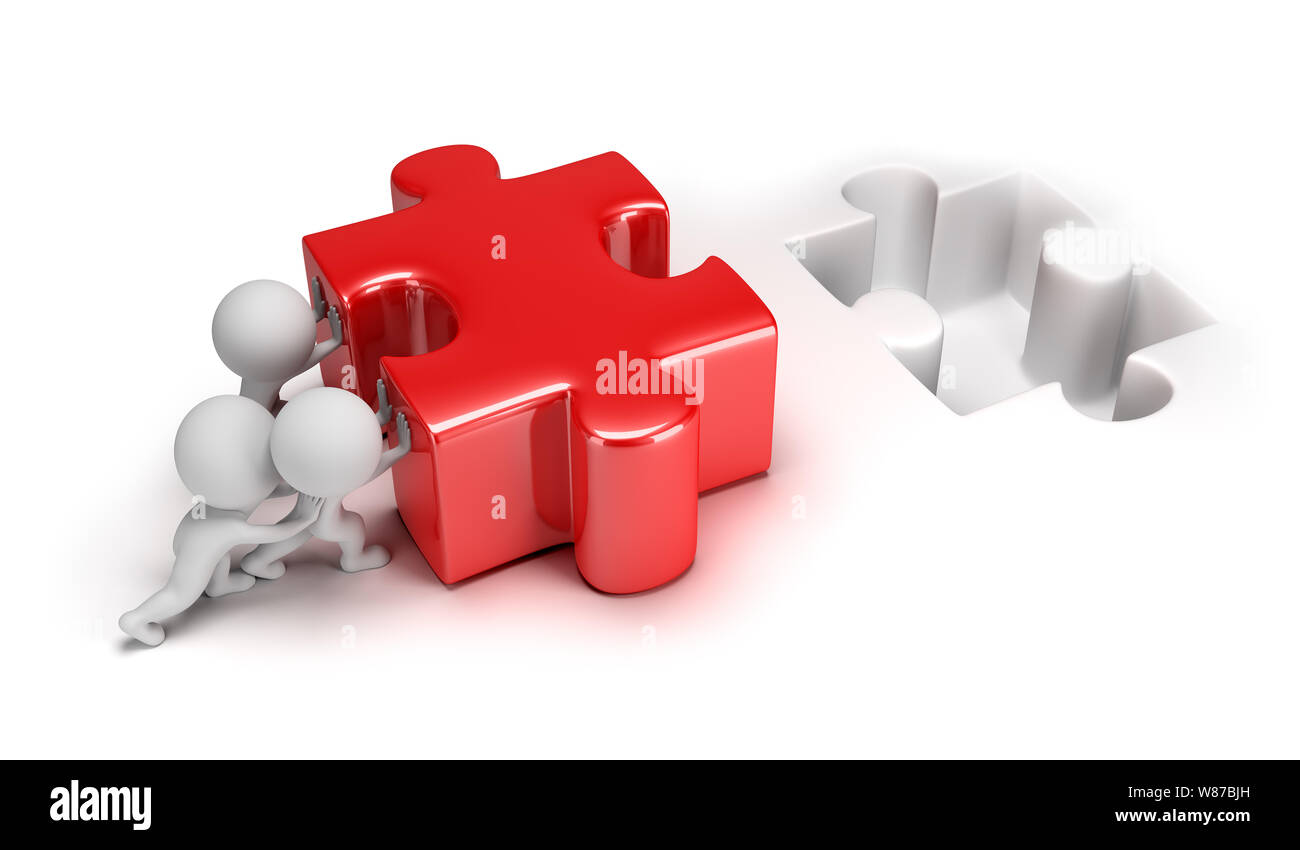 3d piccolo popolo spingendo grande puzzle. Immagine 3d. Isolato sullo sfondo bianco. Foto Stock