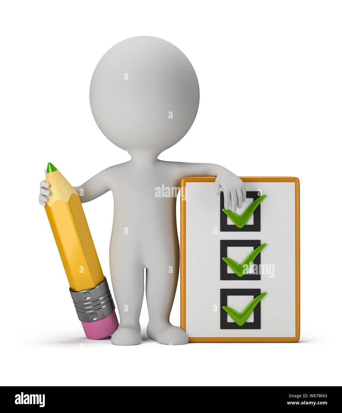 3d piccola persona con appunti e matita. Immagine 3d. Isolato sullo sfondo bianco. Foto Stock