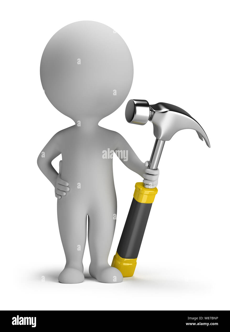 3d piccola persona con un martello. Immagine 3d. Isolato sullo sfondo bianco. Foto Stock