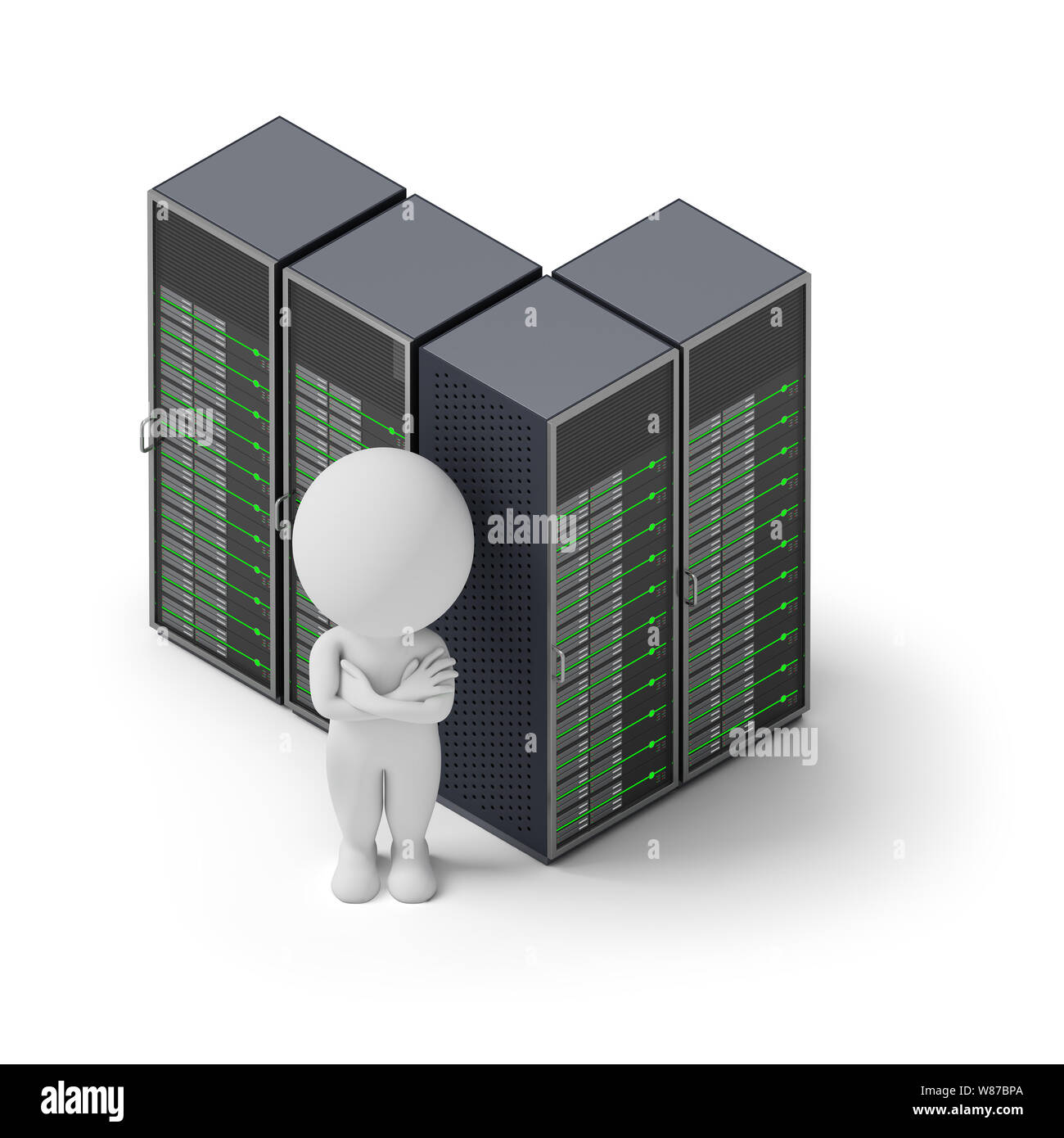 Isometrica a persona in piedi su un server in background. Immagine 3d. Sfondo bianco. Foto Stock