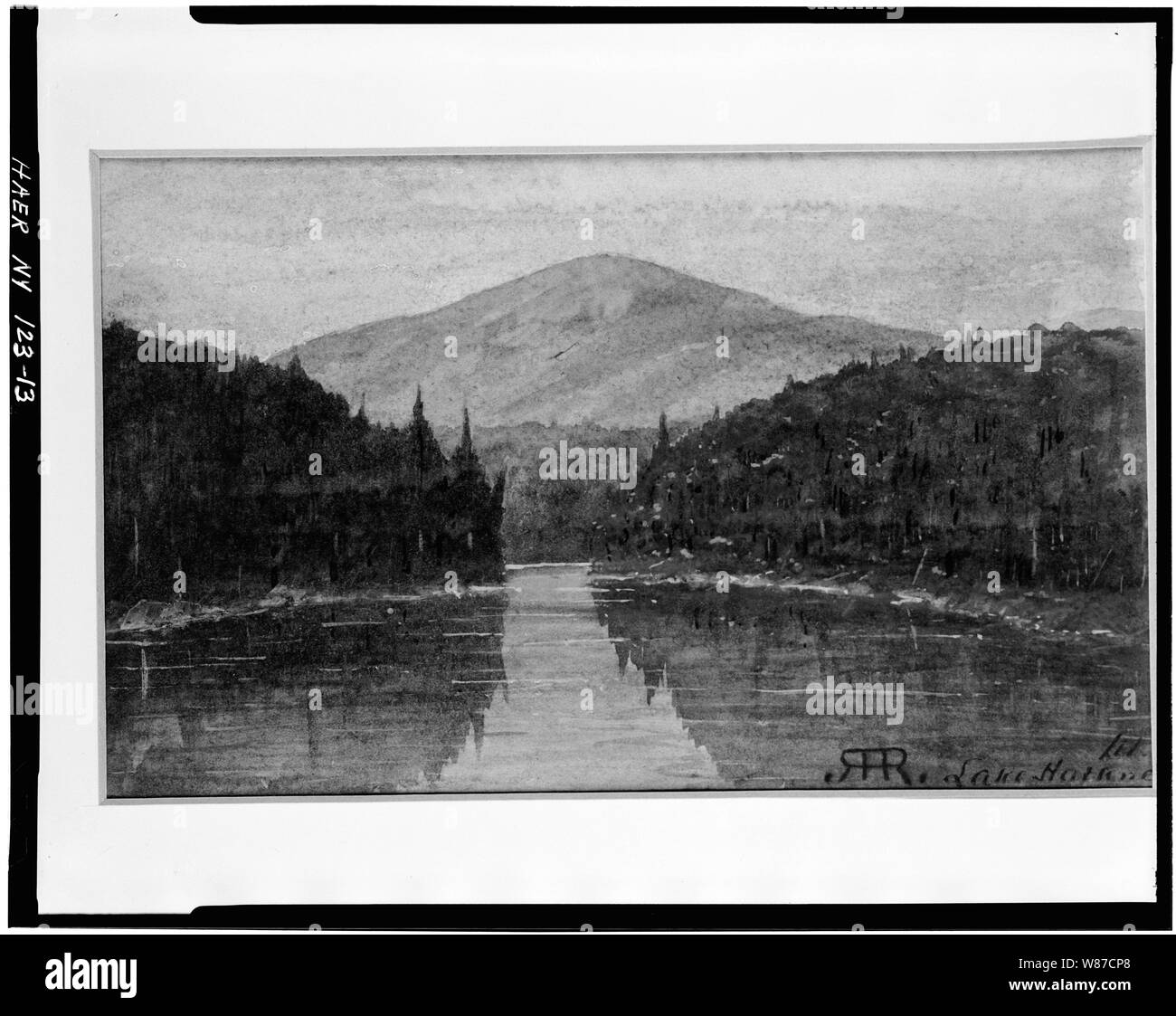 13. Fotocopiata Giugno 1978. Lato destro ROBERTSON colore dell'acqua, il lago di Harkness, CA. 1915. Fonte: ARTHUR CROCKER, TAHAWUS CLUB. - Adirondack Iron & Steel Company, nuovo forno, il fiume Hudson, Tahawus, Essex County, NY Foto Stock