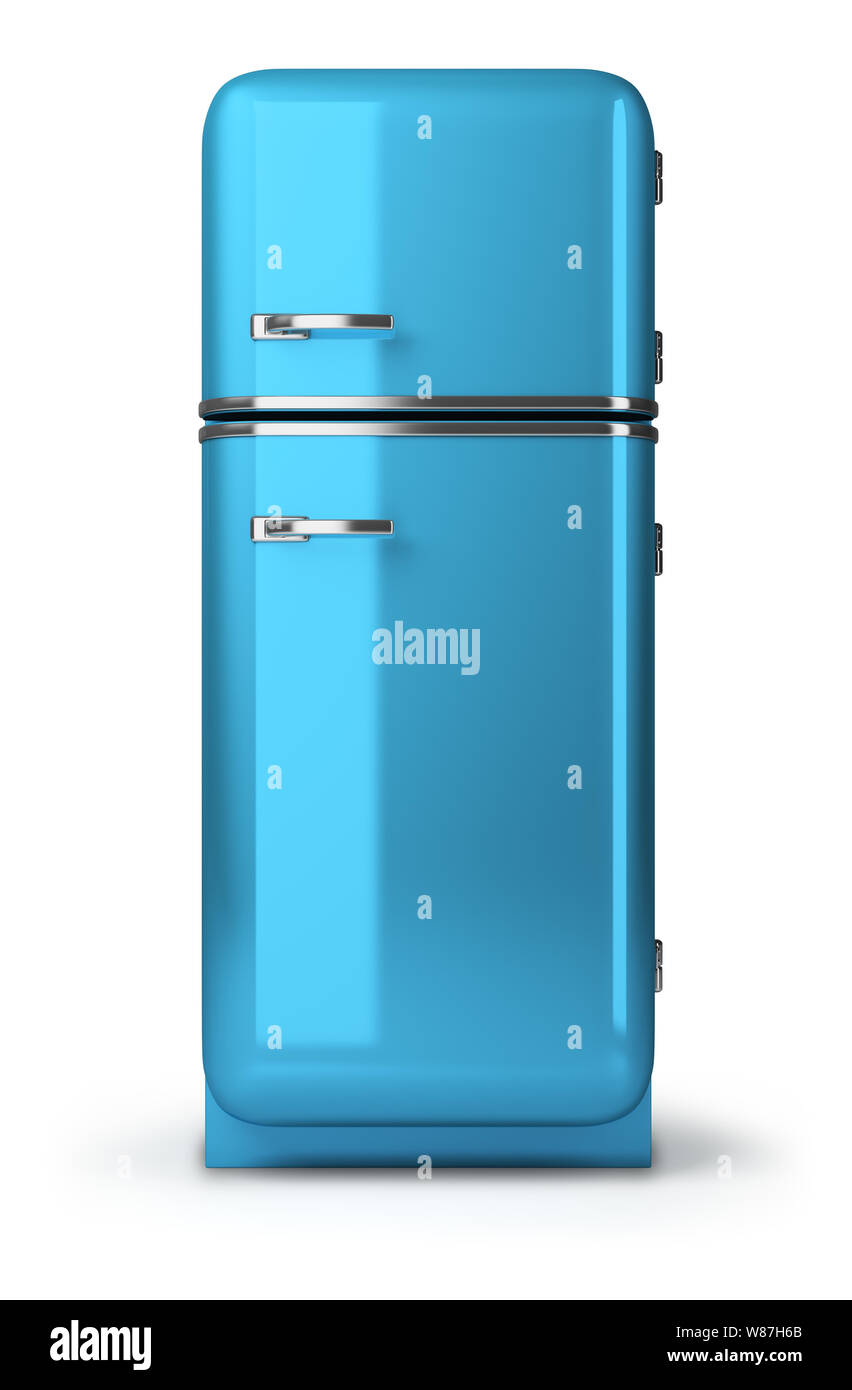 Blue un retrò il frigo. Immagine 3d. Isolato sullo sfondo bianco. Foto Stock