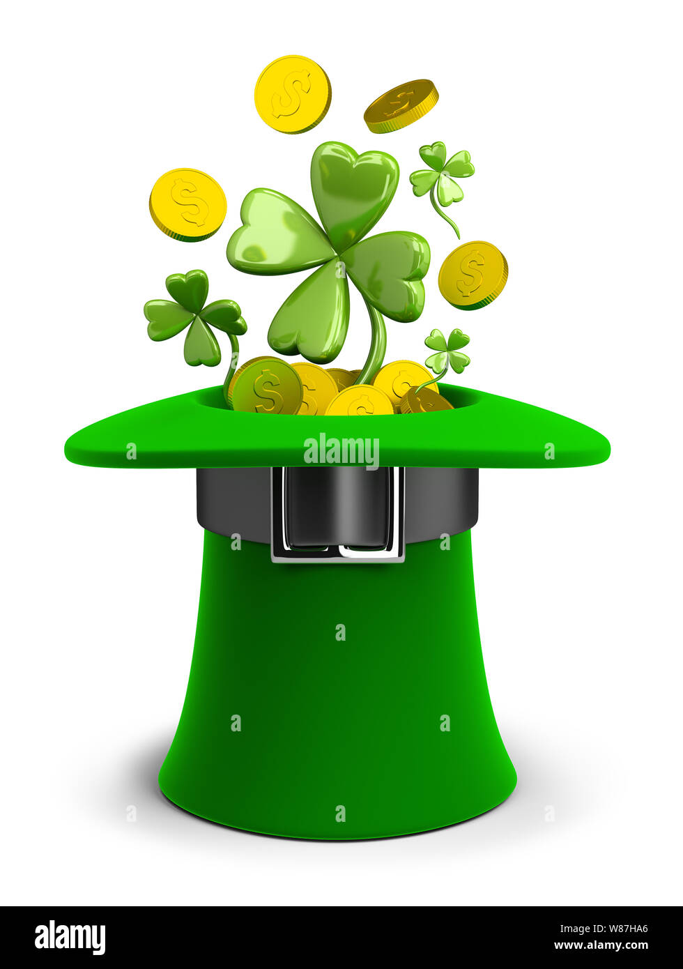 St Patricks hat con monete e trifoglio. Immagine 3d. Isolato sullo sfondo bianco. Foto Stock