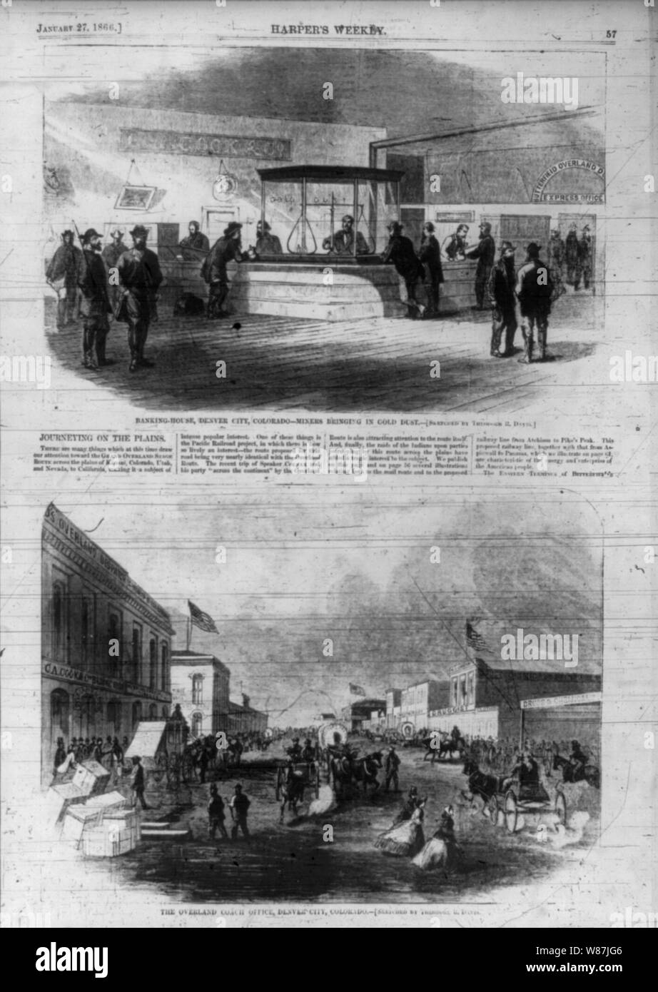2 viste (1) Banking-House, Città di Denver, Colorado - minatori portando in polvere d oro interno (2) Overland Coach Ufficio città di Denver, Colorado street scene Foto Stock