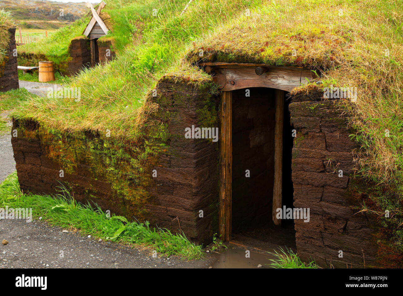 Ricostruito Norse edificio, l'Anse aux Meadows National Historic Site, Terranova e Labrador, Canada Foto Stock