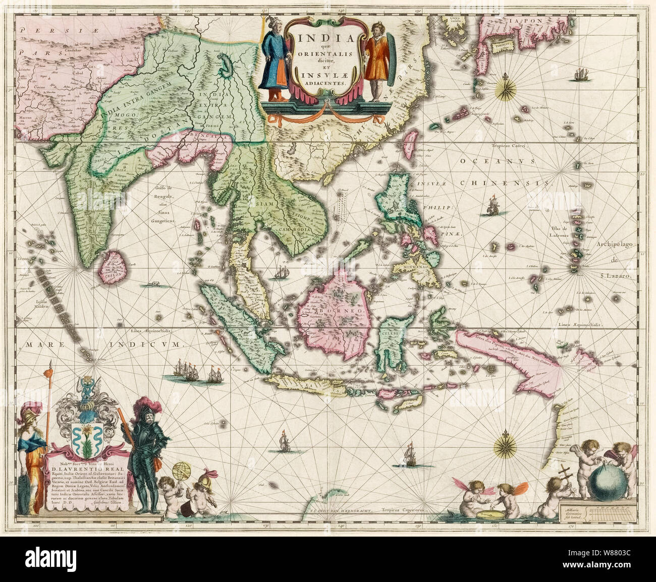 Mappa di Sud-est asiatico, tra cui l'Indonesia, India, Ceylon etc, pubblicato da Willem Janszoon Blaeu nel 1635. Foto Stock