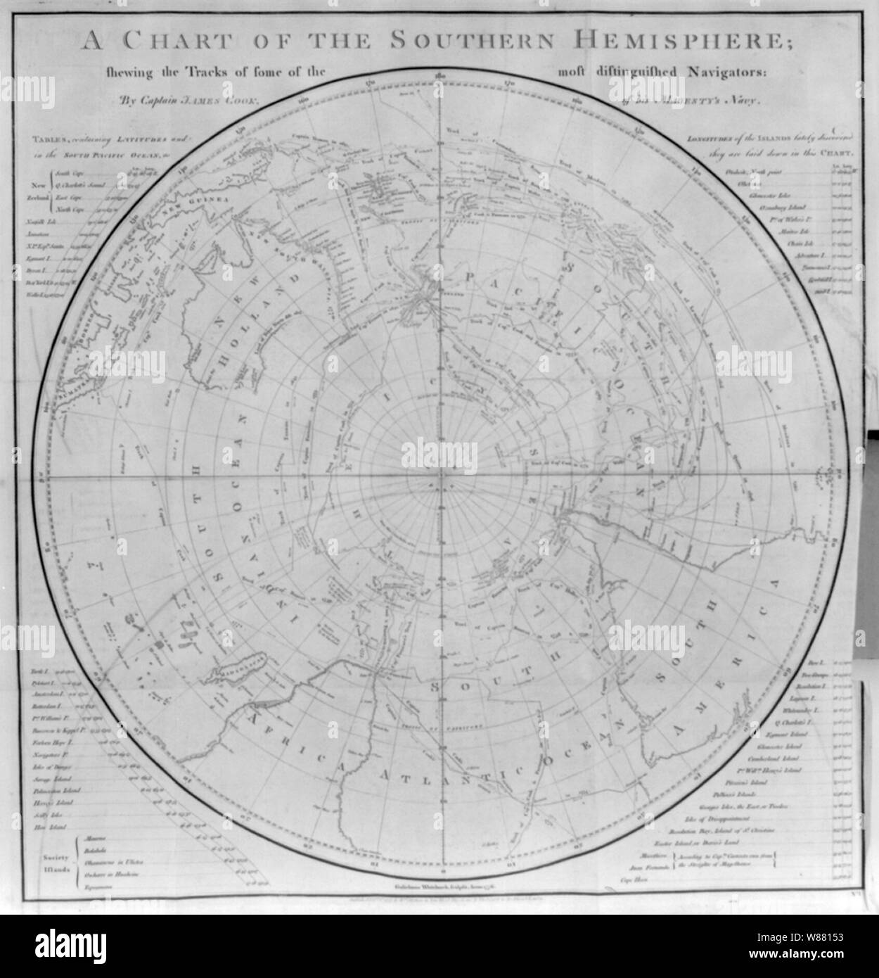 Un grafico dell'Emisfero Meridionale che mostra le tracce di alcuni dei più illustri navigatori, da Capt. James Cook Foto Stock