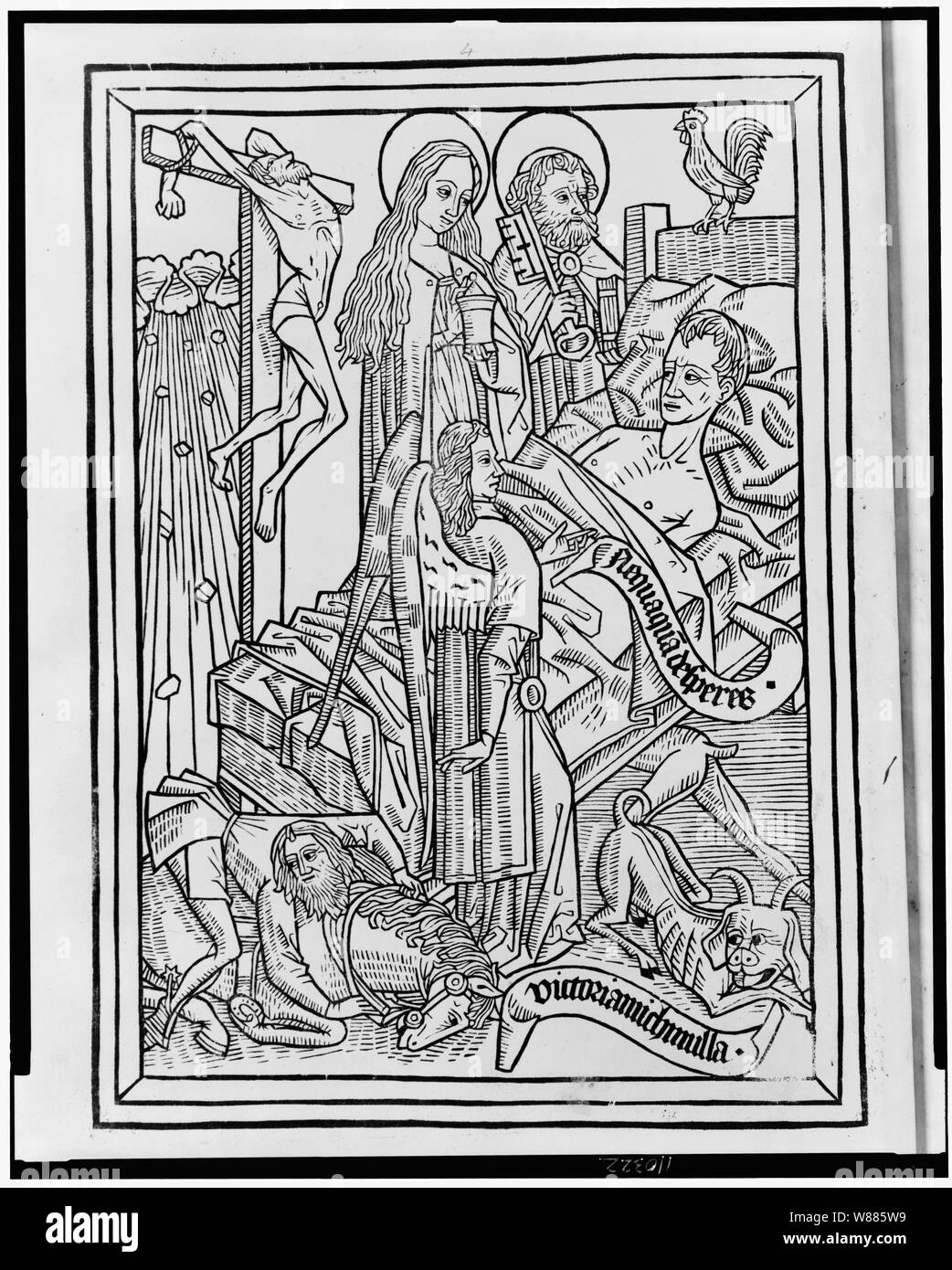 Un uomo morente frequentato da Maria Maddalena e San Pietro, Angeli e il diavolo Foto Stock