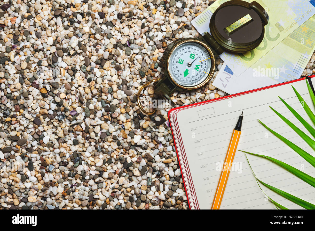 Tema turistico, spiaggia sabbiosa, pianta meridionale, notebook Foto Stock