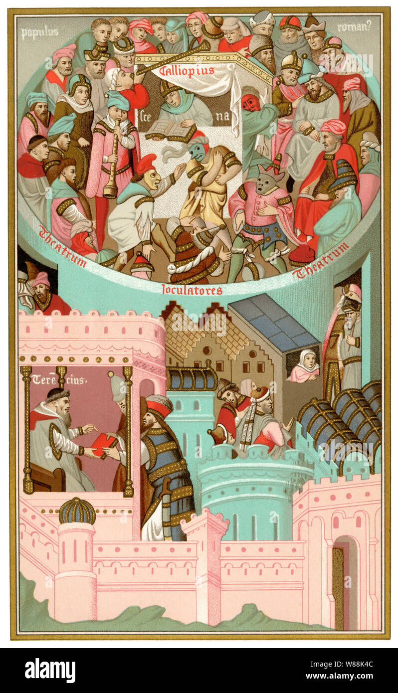 Le prestazioni di una commedia di Terence prima di Carlo VI, primi 1400s. Litografia a colori Foto Stock