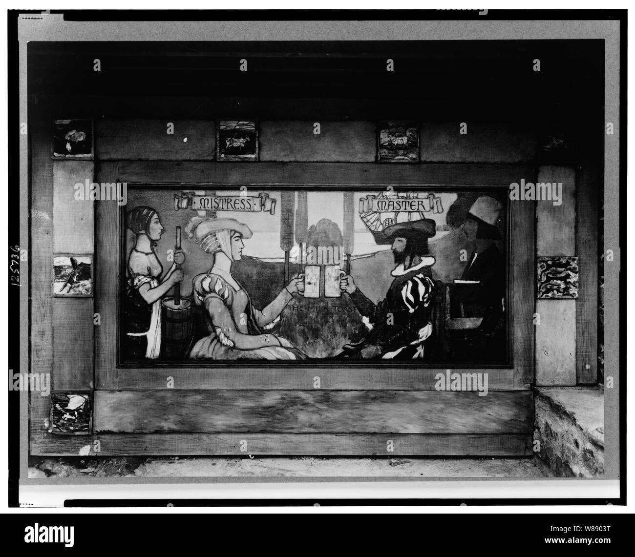 Sorpresa Valley Farm, Arthur Curtiss James proprietà, Beacon Hill Road, Newport, Rhode Island. Dettaglio del murale, il latte Toast, di parete esterna Foto Stock