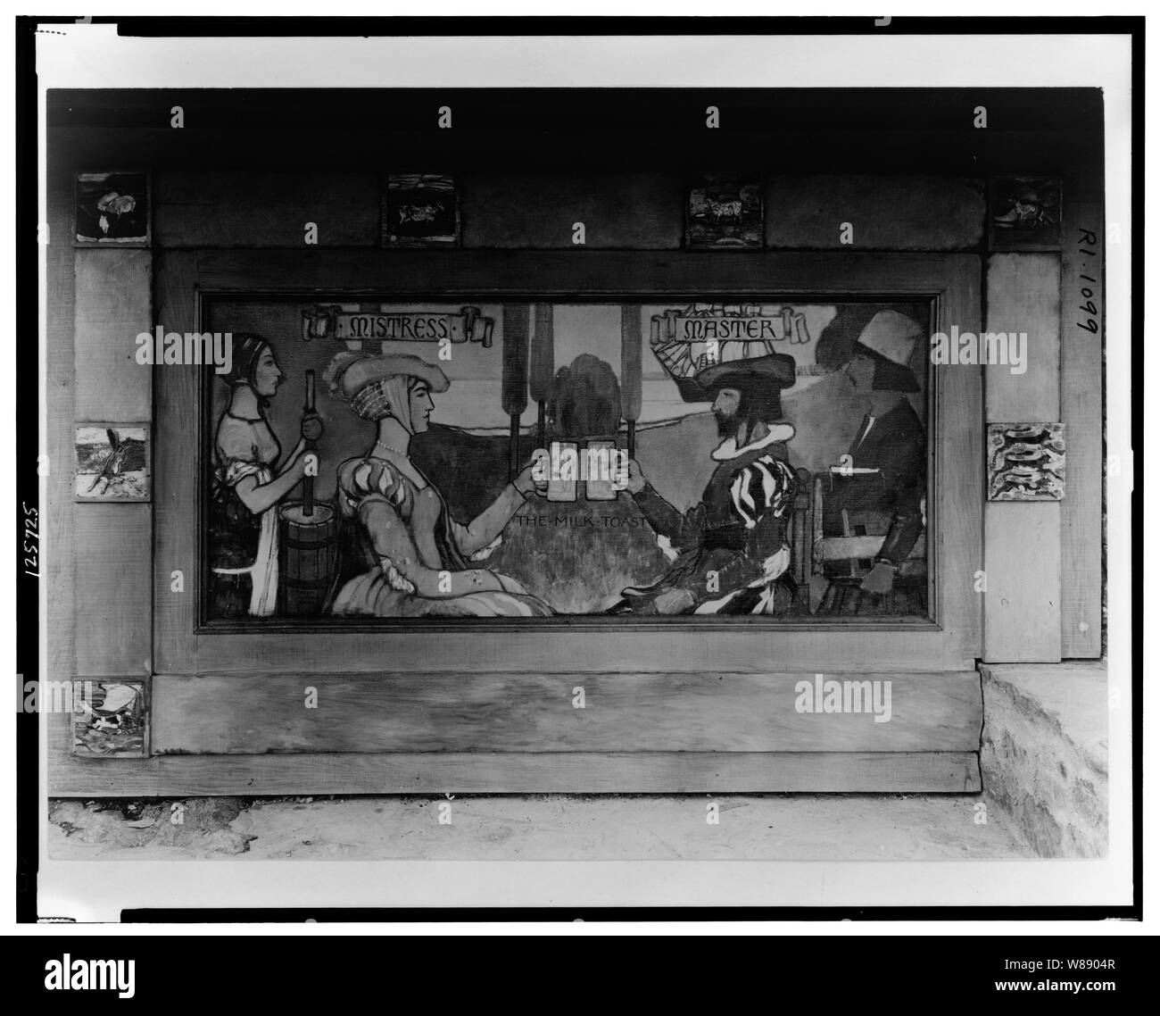 Sorpresa Valley Farm, Arthur Curtiss James proprietà, Beacon Hill Road, Newport, Rhode Island. Dettaglio del murale, il latte Toast, di parete esterna Foto Stock