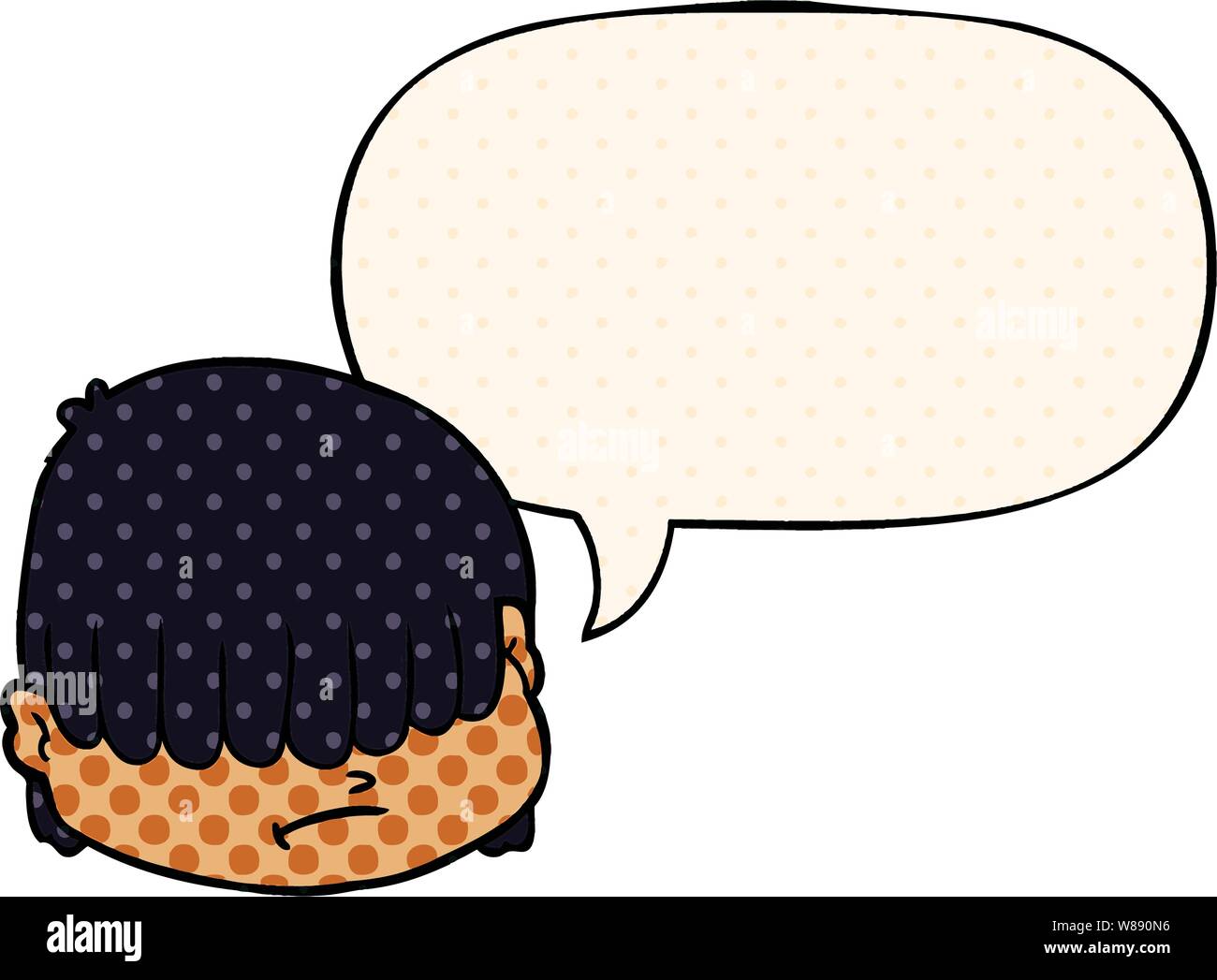 Cartoon faccia con capelli sopra gli occhi con il discorso di bolla in stile fumetto Illustrazione Vettoriale