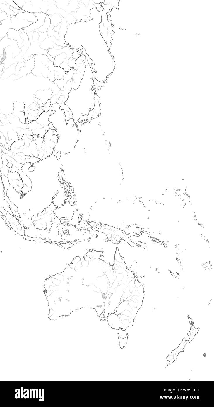 Mappa mondo dell'Oceano Pacifico costa Ovest: Australasia, Indonesia, Micronesia, Polinesia (regione Asia Pacifico). Grafico geografica con coste. Foto Stock