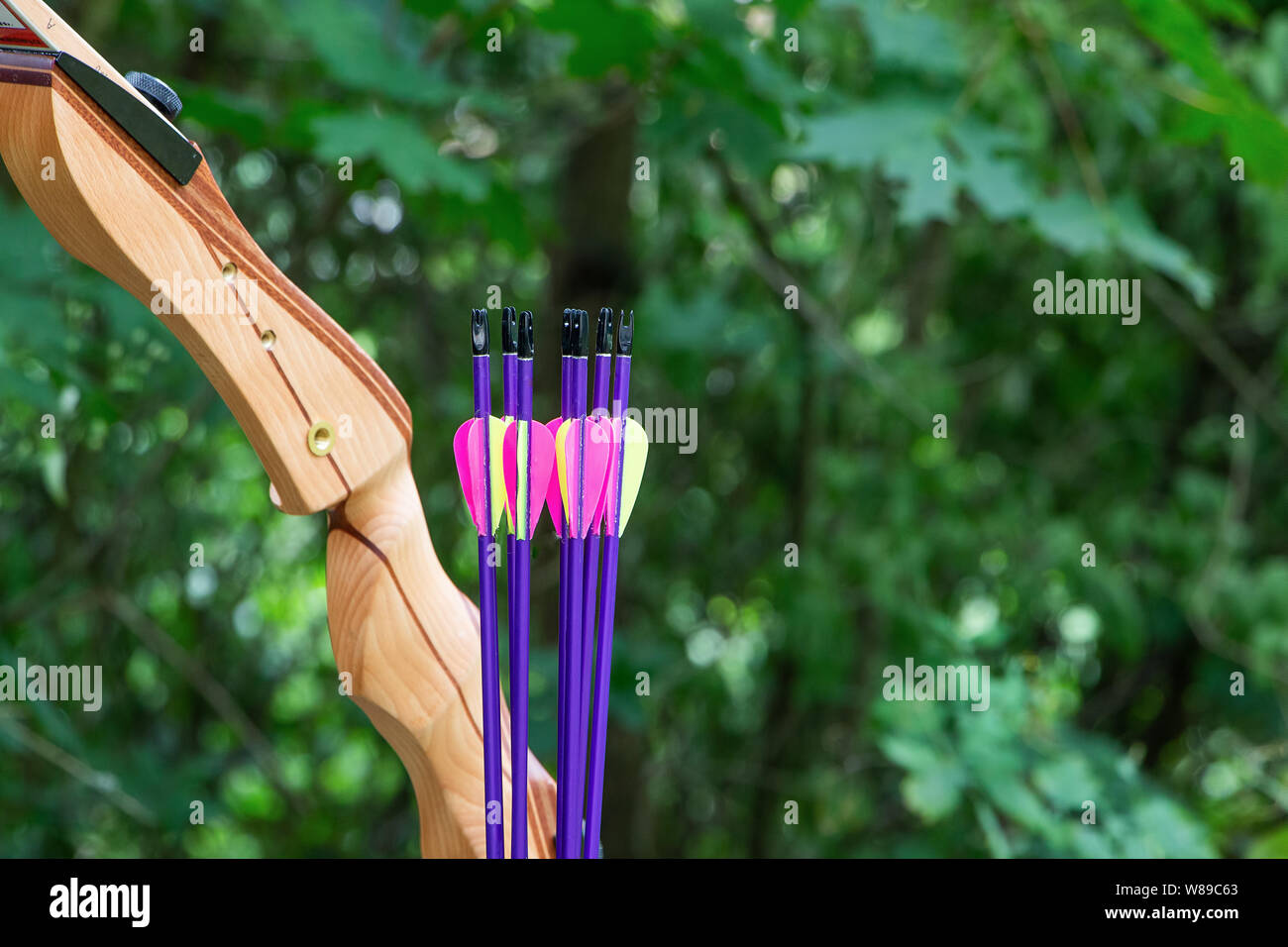 Ancora in vita con arco e frecce nel verde della natura, foresta. Concetto di vita della natura, sport tiro con l'arco, caccia. Foto Stock