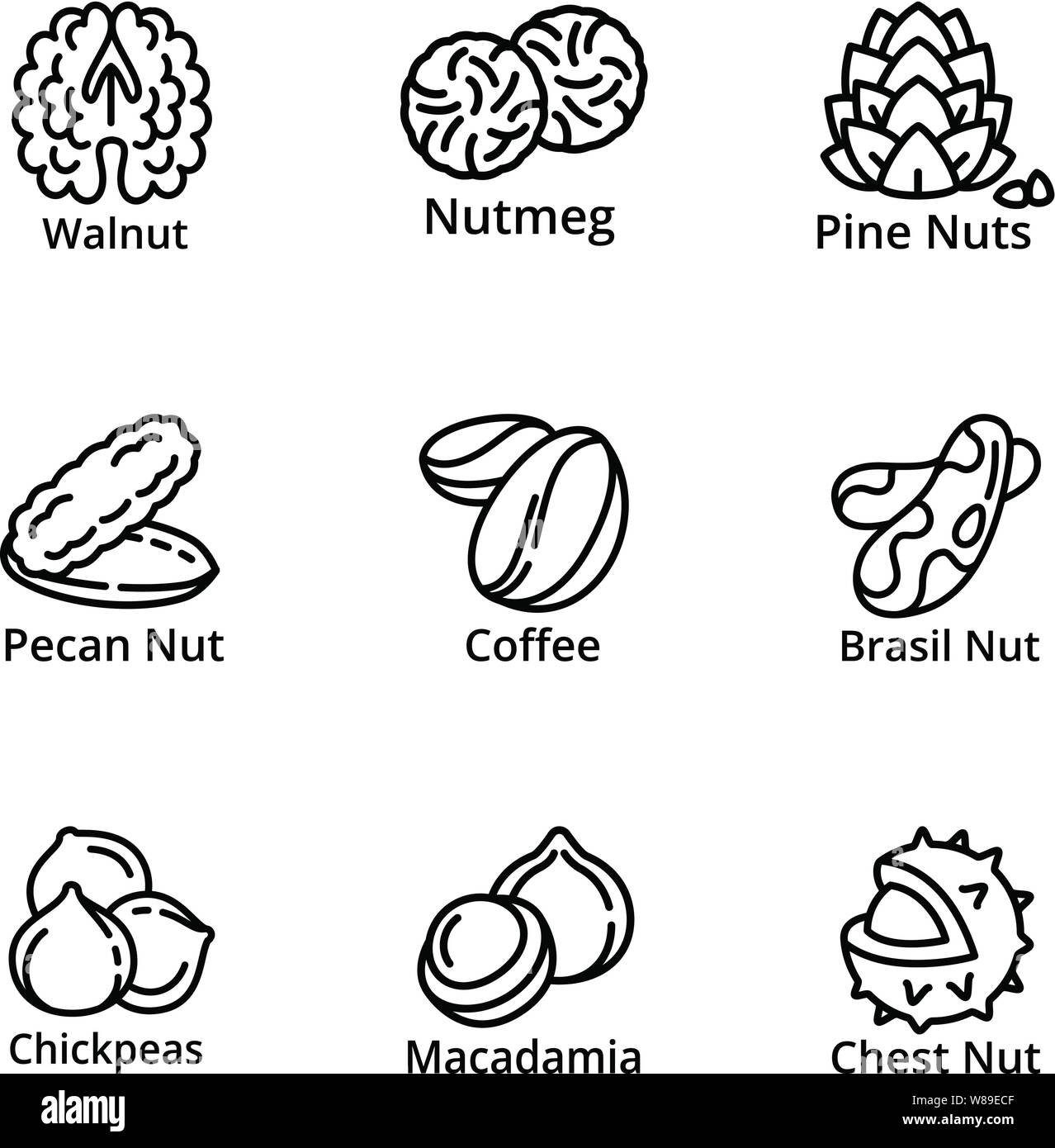 I dadi di nutrizione icon set. Profilo set di 9 dadi di nutrizione icone vettoriali per il web design isolato su sfondo bianco Illustrazione Vettoriale