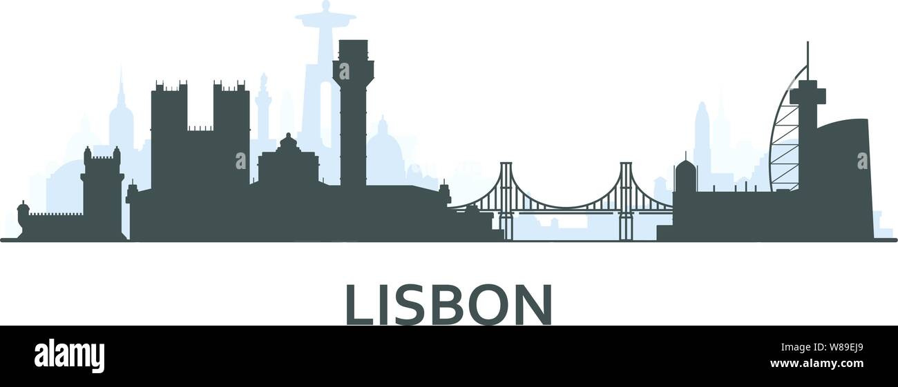 Silhouette del paesaggio urbano di Lisbona - Città vecchia vista con i punti di riferimento di Lisbona Illustrazione Vettoriale
