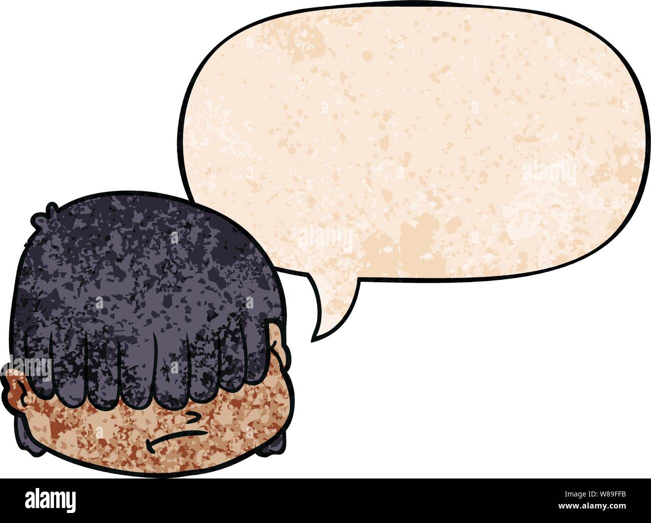 Cartoon faccia con capelli sopra gli occhi con il discorso di bolla nel retro stile di tessitura Illustrazione Vettoriale