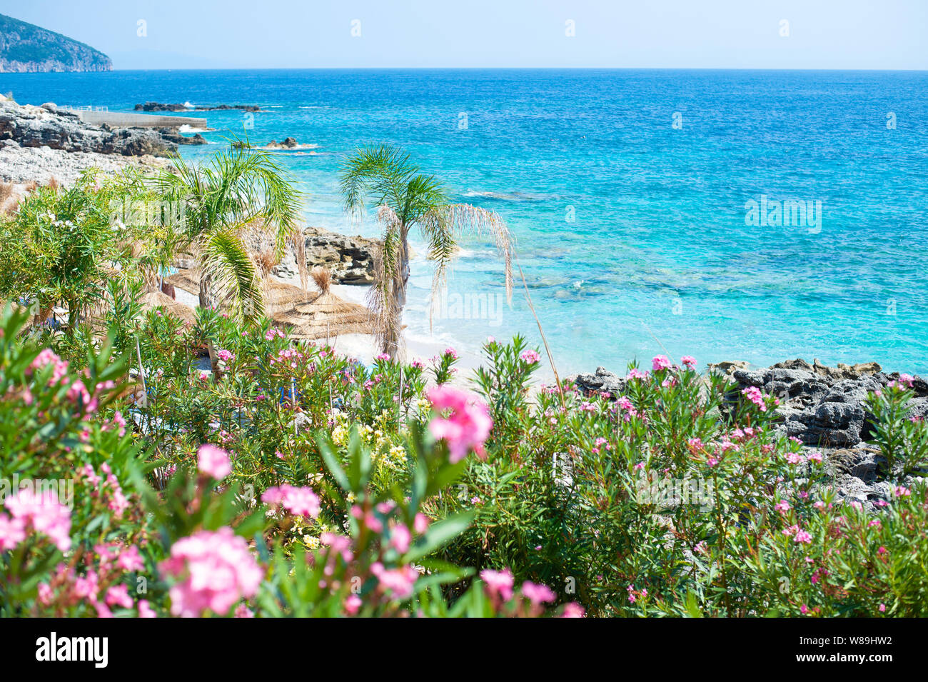 Spiaggia rocciosa e crystal acque turchesi del Mar Ionio in Albania. Calma e rilassante vista Foto Stock