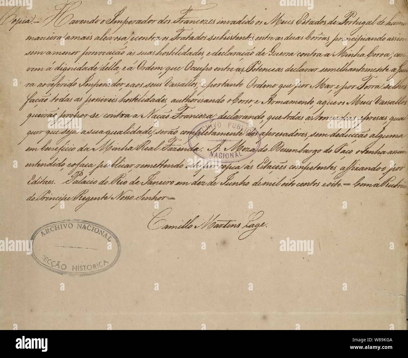Declaração de guerra feita por João un Napoleão Bonaparte e Todos os seus vassalo. Foto Stock