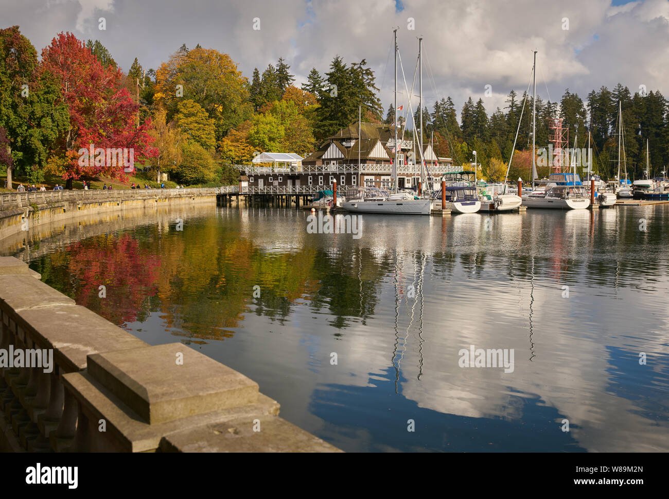 Coal Harbour autunno a Vancouver. Stanley Park colori autunnali riflettono in Coal Harbour da Vancouver Rowing Club. Foto Stock