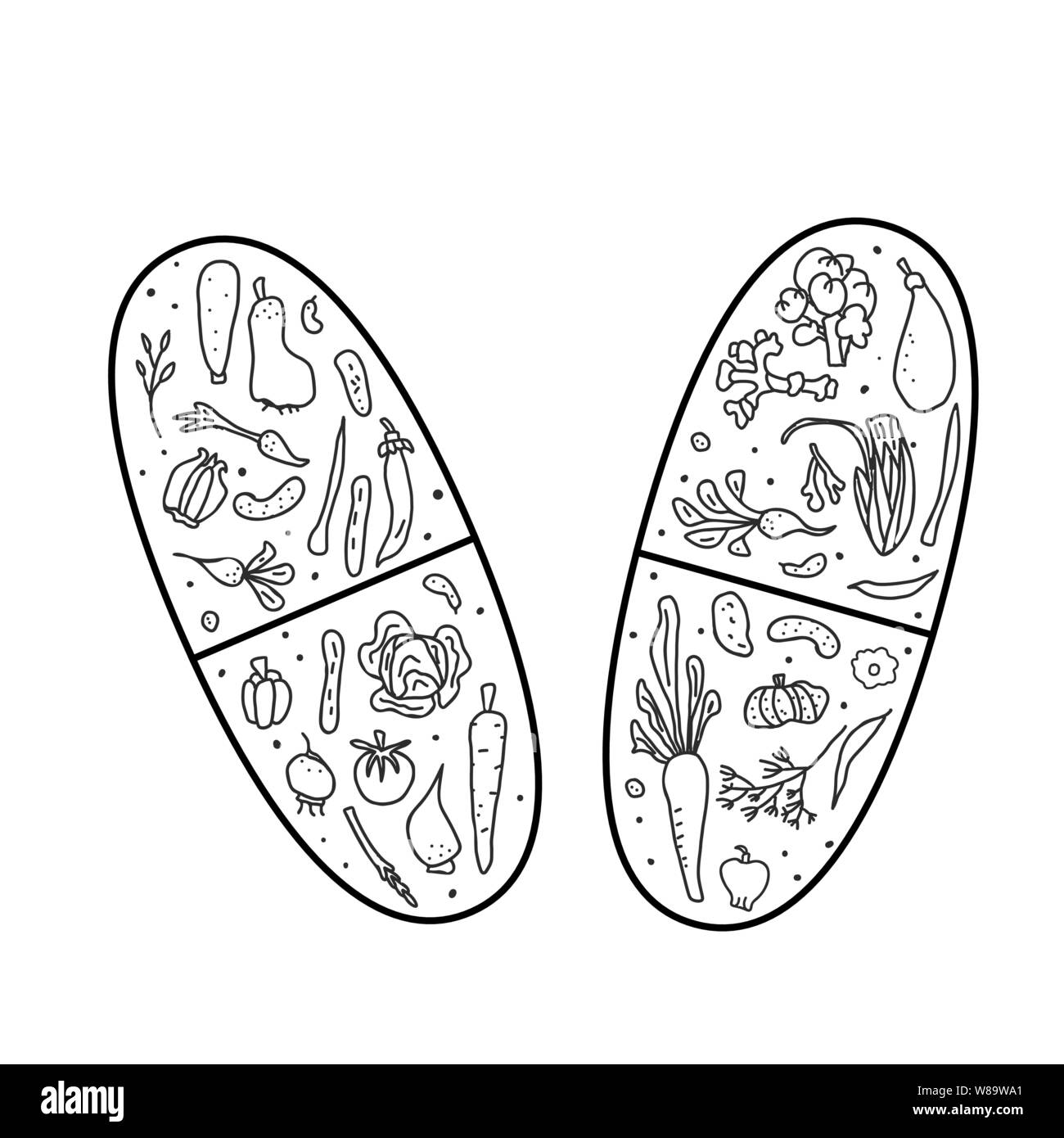 Vitamina pillole concetto con veg. Illustrazione Vettoriale. Illustrazione Vettoriale