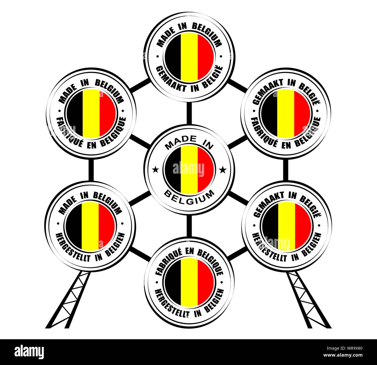 Raccolta di etichette rotonde fatte in Belgio, in diverse lingue, icona di Atomium Illustrazione Vettoriale
