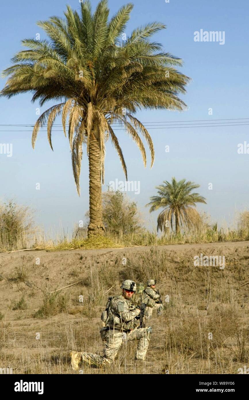 Stati Uniti I soldati dell esercito attaccato al Bravo Company, 5° Battaglione, ventesimo Reggimento di Fanteria, 3° Stryker Brigade Combat Team, seconda divisione di fanteria inginocchiarsi durante la conduzione di una pattuglia in Naquib, Iraq, su nov. 8, 2009. I soldati pattugliano la zona alla ricerca di campi aperti per i segni di sospetto di armi memorizza nella cache. Foto Stock