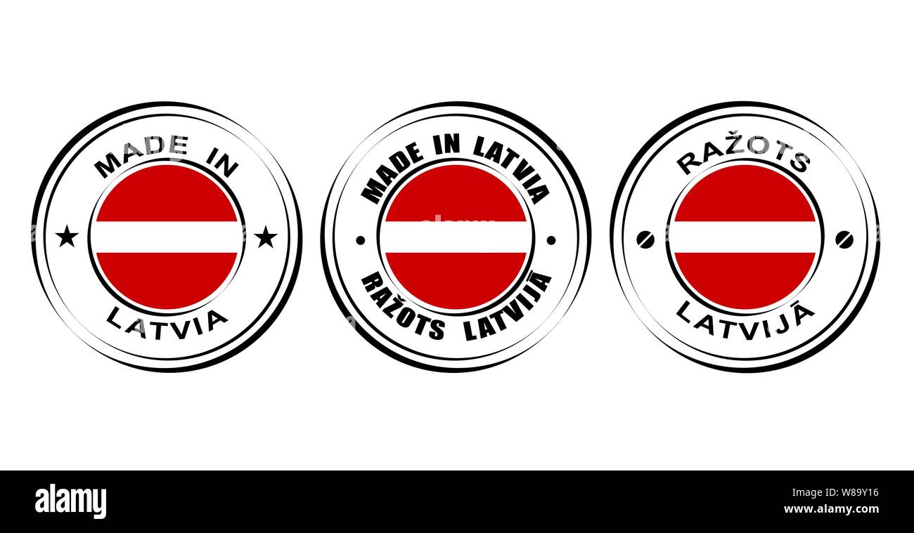 Etichetta rotonda realizzati in Lettonia con bandiera Illustrazione Vettoriale