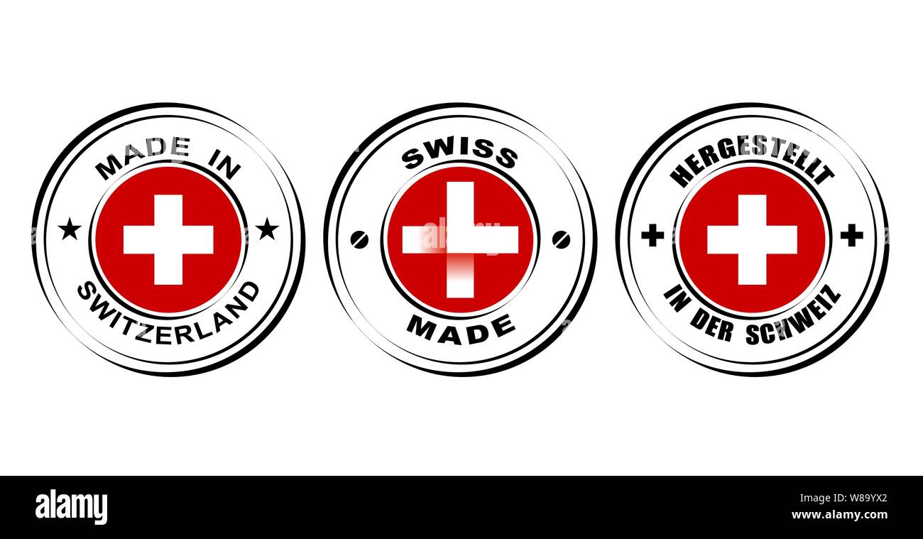 Etichetta rotonda fatta in Svizzera con la bandiera, Swiss made con icona orologio Illustrazione Vettoriale