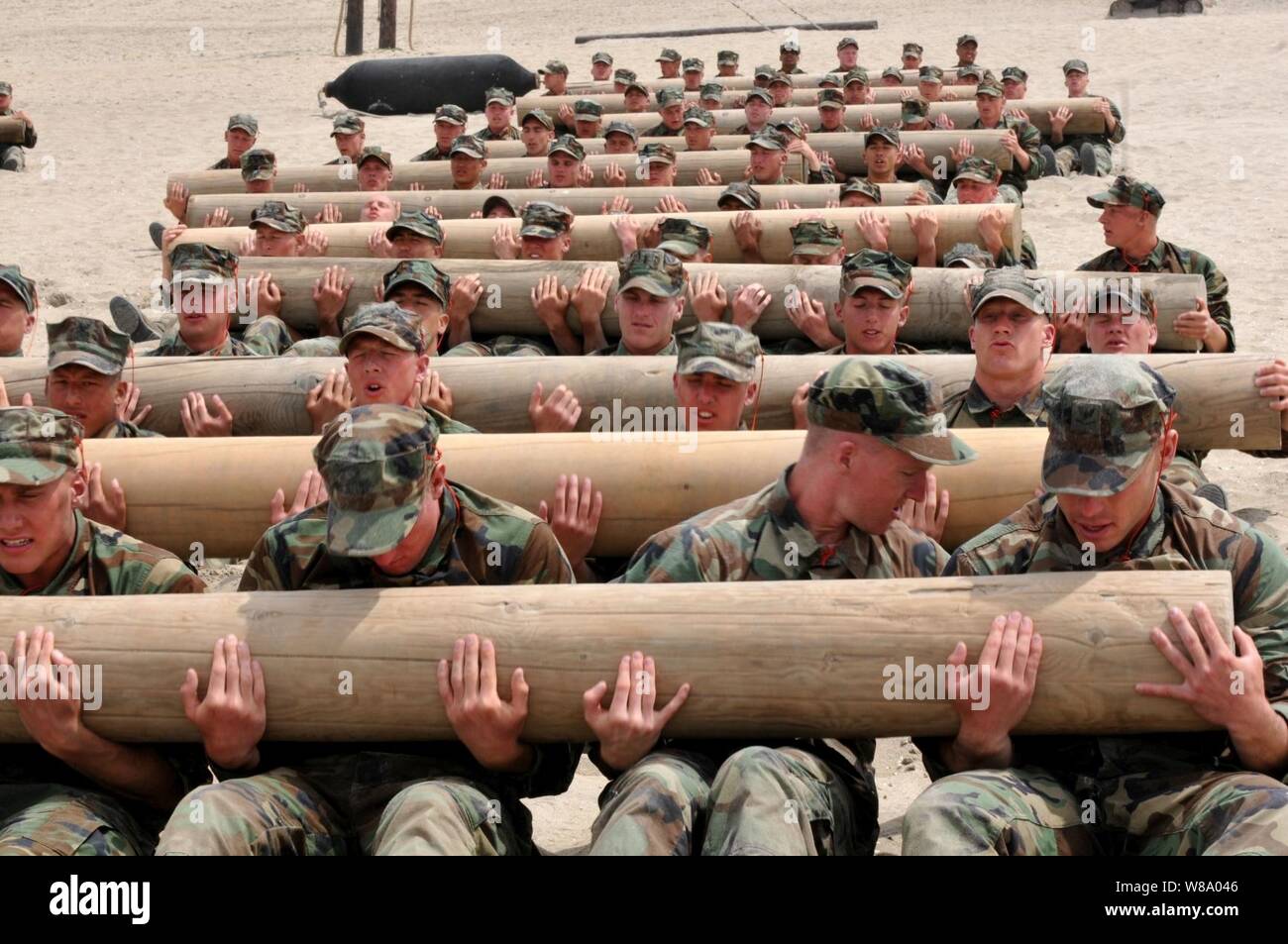 Prima fase di base demolizioni subacquee/guarnizioni (BUD/S) candidati utilizzare il lavoro di squadra per eseguire la formazione fisica esercita con 600 libbra di accedere a Naval Amphibious Base Coronado il 6 aprile 2011. Registro di allenamento fisico esercizi sono uno dei tanti fisicamente molto impegnativo evoluzioni che fanno parte della prima fase della formazione a BUD/S. I Navy SEALs sono il componente marittima degli Stati Uniti Forze per le operazioni speciali e sono addestrati per condurre una serie di operazioni dal mare, l aria e la terra. Foto Stock