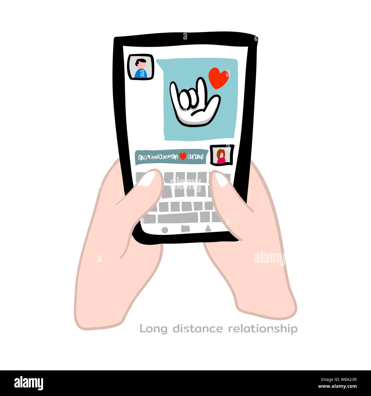 Disegnare a mano del palmare smartphone amante della conversazione in chat. È molto importante dei social media per una lunga relazione di distanza. Questa tecnologia per Illustrazione Vettoriale
