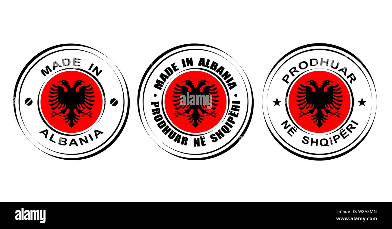 Etichetta rotonda realizzati in Albania con bandiera, double eagle icona Illustrazione Vettoriale