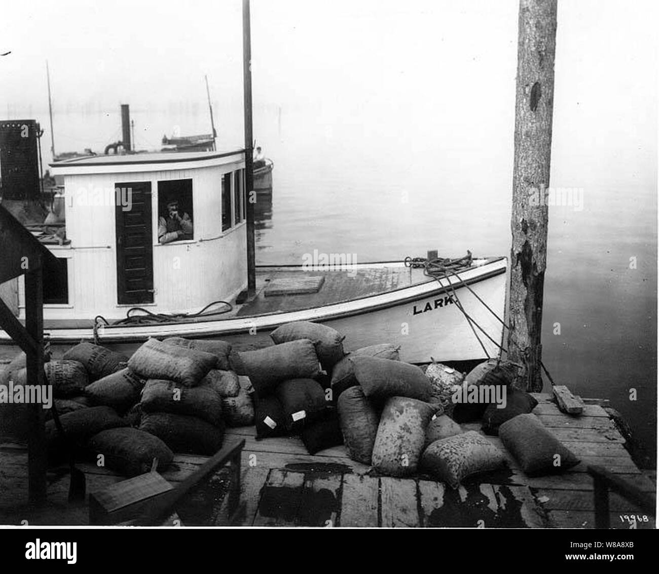 Erogazione di ostriche, mostrando la pesca in barca allodola al dock (CURTIS 1769). Foto Stock