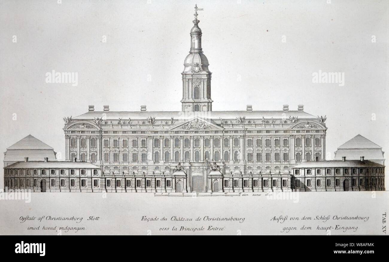 Den-Danske-Vitruvius-Bd.-1-pl.-XV-Christiansborg-set-fra-Ridebanen. Foto Stock