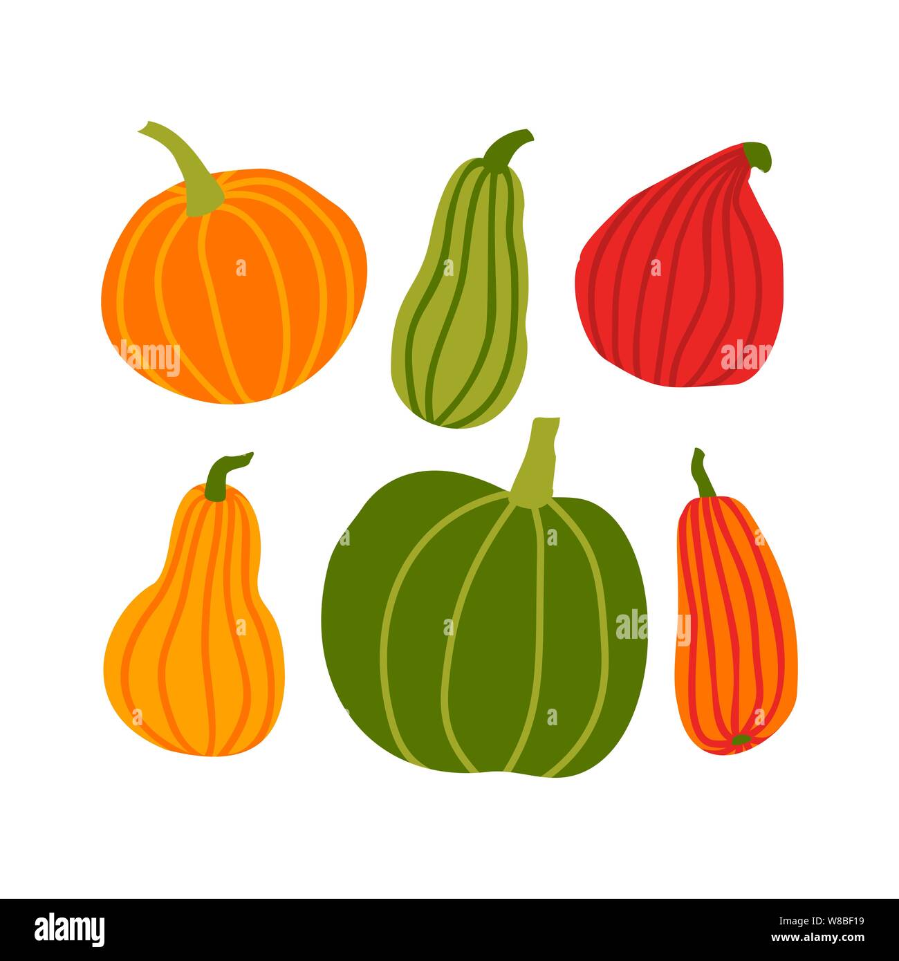 Disegnare a mano Set di zucca in semplice stile scarabocchio. Illustrazione Vettoriale zucche colorate di forme e dimensioni differenti isolati su sfondo bianco. Templa Illustrazione Vettoriale