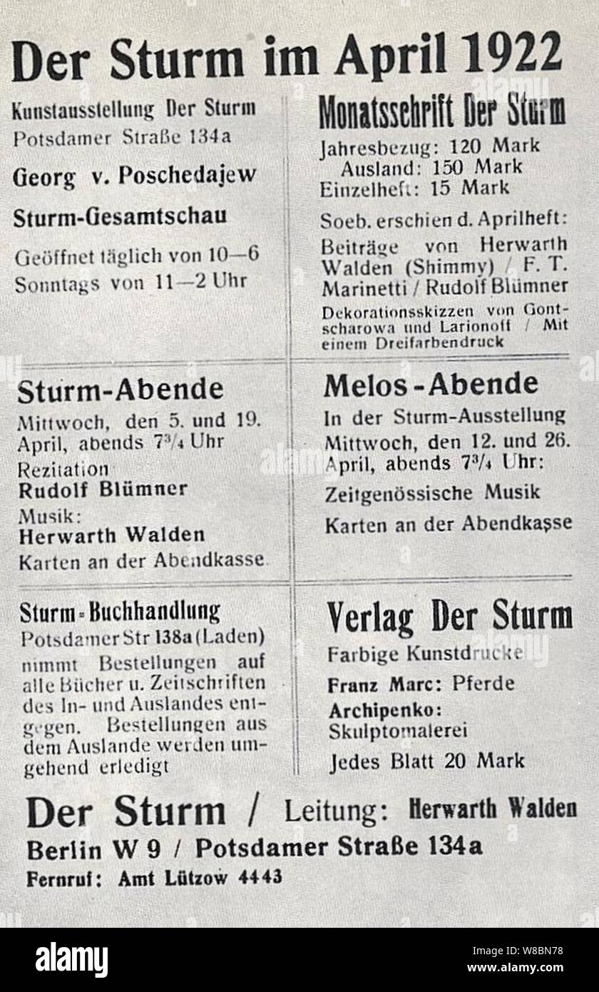 Der Sturm Anzeige Aprile 1922. Foto Stock