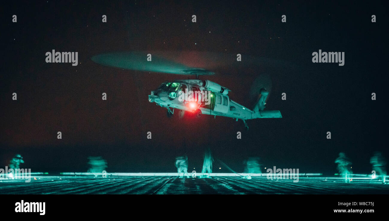 190724-M-HB658-1073 GOLFO ARABICO (Luglio 24, 2019) Costa guardie con la sicurezza marittima la risposta del team di Oriente, Advanced Team di interdizione del distacco 1, fissare il ponte di volo del trasporto anfibio dock nave USS John P. Murtha (LPD 26) durante una visita congiunta, scheda, ricerca e sequestro esercizio con il raid marittimo vigore, undicesimo Marine Expeditionary Unit (MEU). Il Boxer anfibio gruppo pronto e la XI MEU sono distribuiti negli Stati Uniti Quinta Flotta area di operazioni a sostegno di operazioni navali per garantire stabilità marittimo e la sicurezza nella regione centrale di collegamento del Mediterraneo Foto Stock