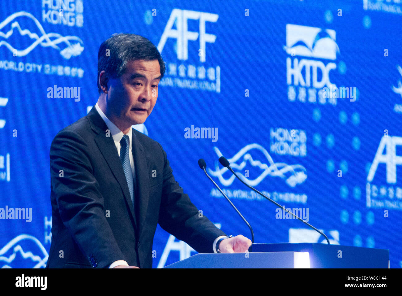 Hong Kong Chief Executive Leung Chun-ying parla all'ottavo Asian Forum finanziario (AFF) a Hong Kong, Cina, 19 gennaio 2015. L'ottava Financi asiatica Foto Stock