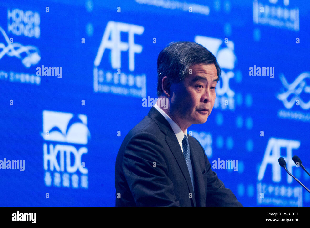 Hong Kong Chief Executive Leung Chun-ying parla all'ottavo Asian Forum finanziario (AFF) a Hong Kong, Cina, 19 gennaio 2015. L'ottava Financia asiatica Foto Stock