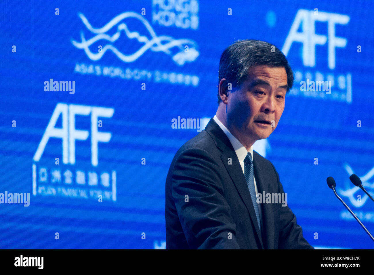 Hong Kong Chief Executive Leung Chun-ying parla all'ottavo Asian Forum finanziario (AFF) a Hong Kong, Cina, 19 gennaio 2015. L'ottava Financi asiatica Foto Stock