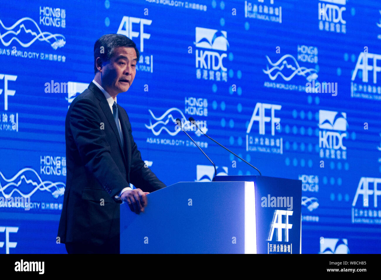 Hong Kong Chief Executive Leung Chun-ying parla all'ottavo Asian Forum finanziario (AFF) a Hong Kong, Cina, 19 gennaio 2015. L'ottava Financi asiatica Foto Stock