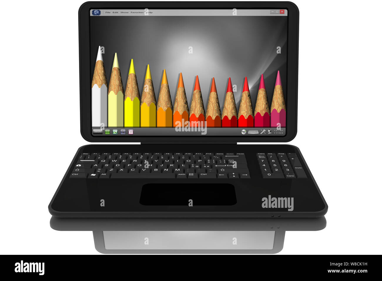 3D'illustrazione. Aperto notebook nero. Sullo schermo di matite colorate. Foto Stock