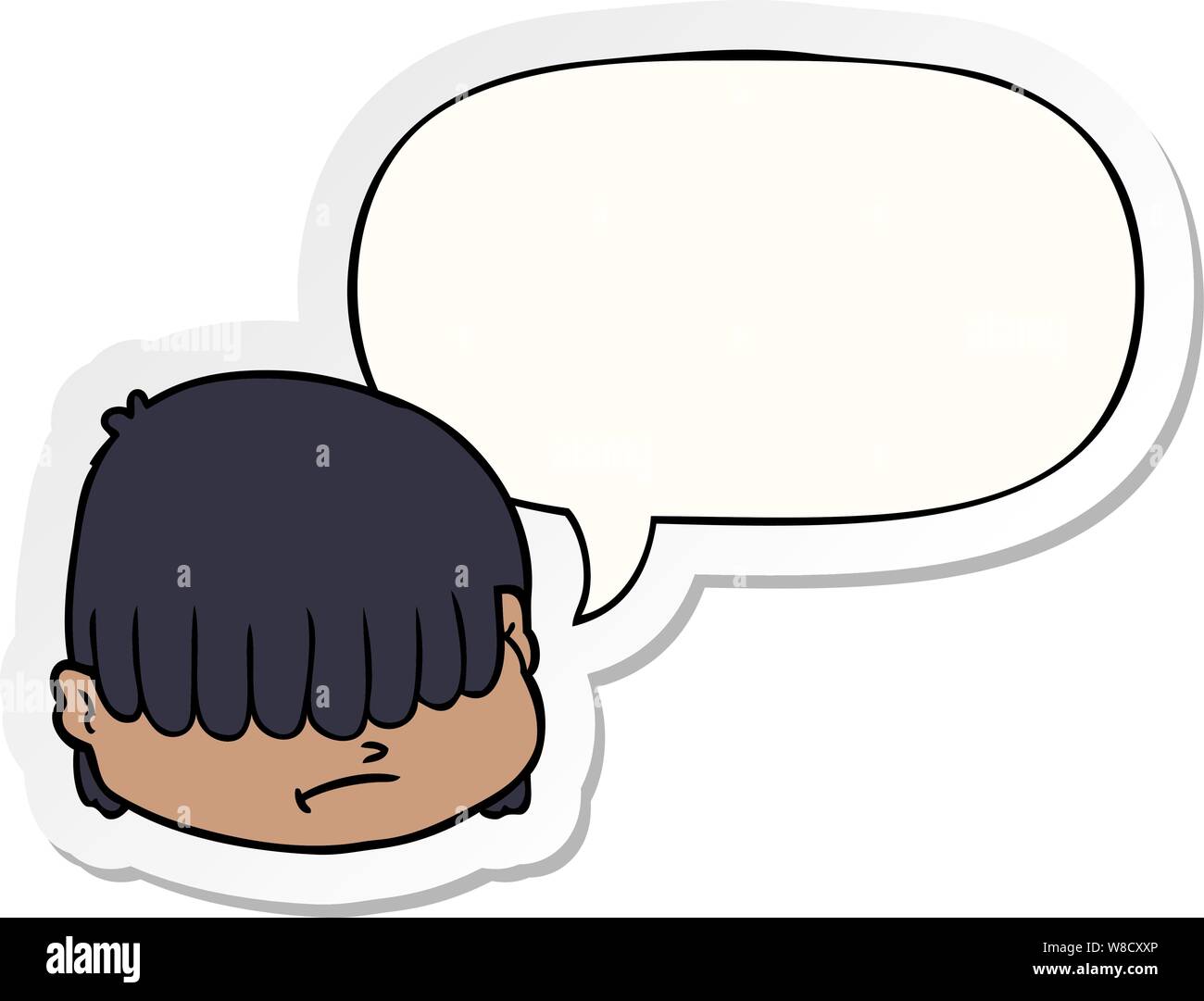 Cartoon faccia con capelli sopra gli occhi con discorso bolla sticker Illustrazione Vettoriale