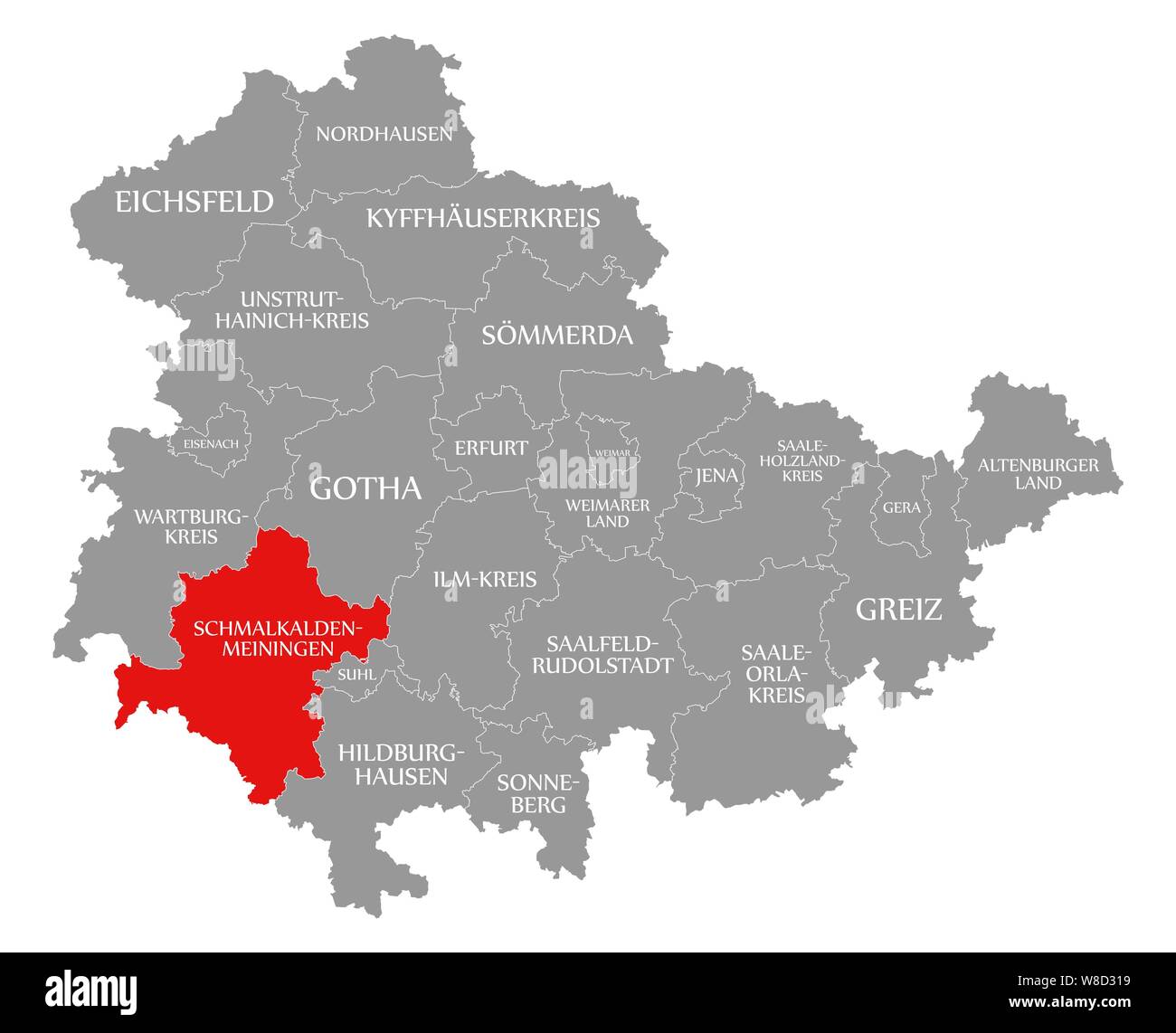 Schmalkalden-Meiningen evidenziata in rosso nella mappa di Turingia Germania Foto Stock