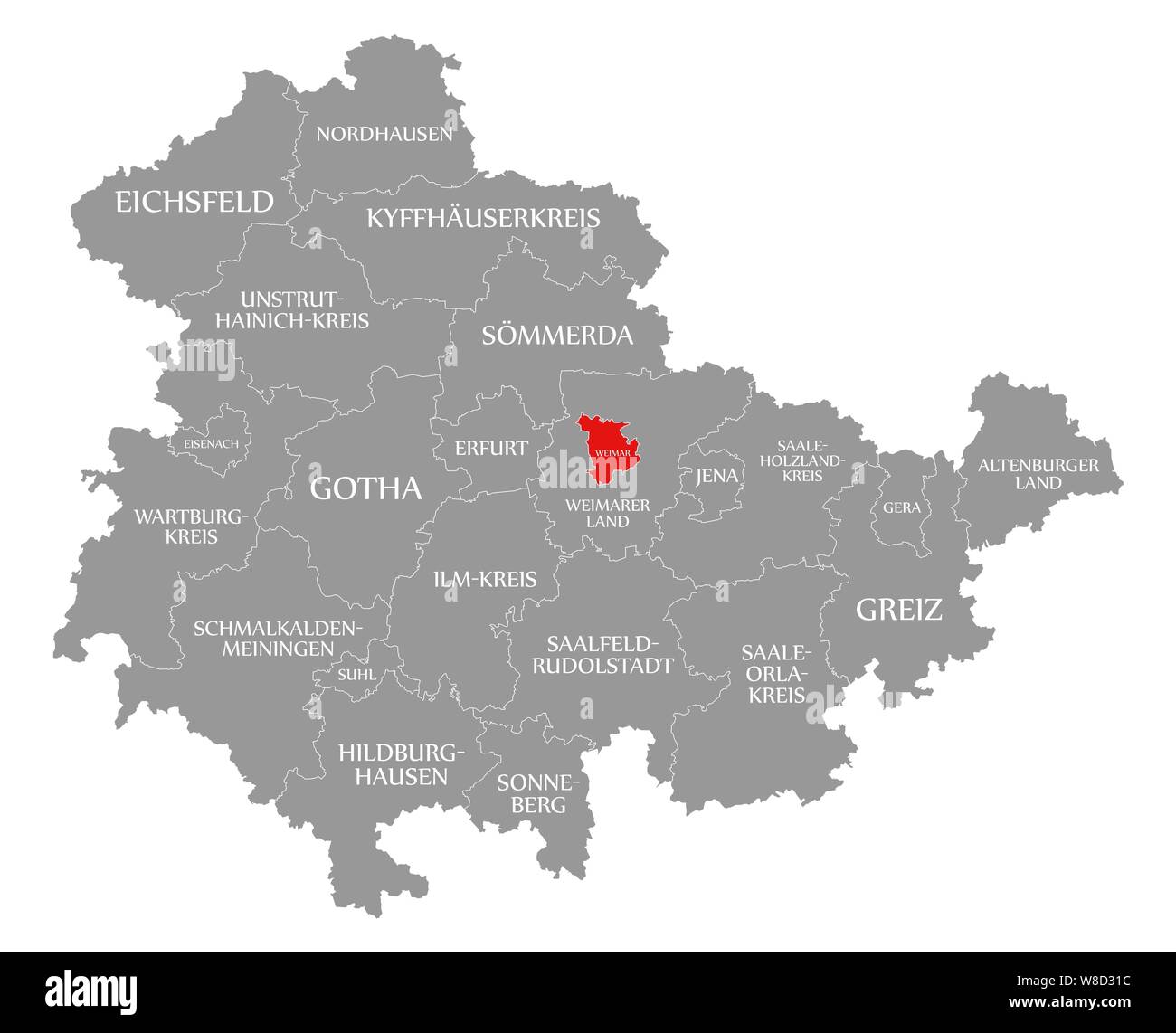 Weimar evidenziata in rosso nella mappa di Turingia Germania Foto Stock